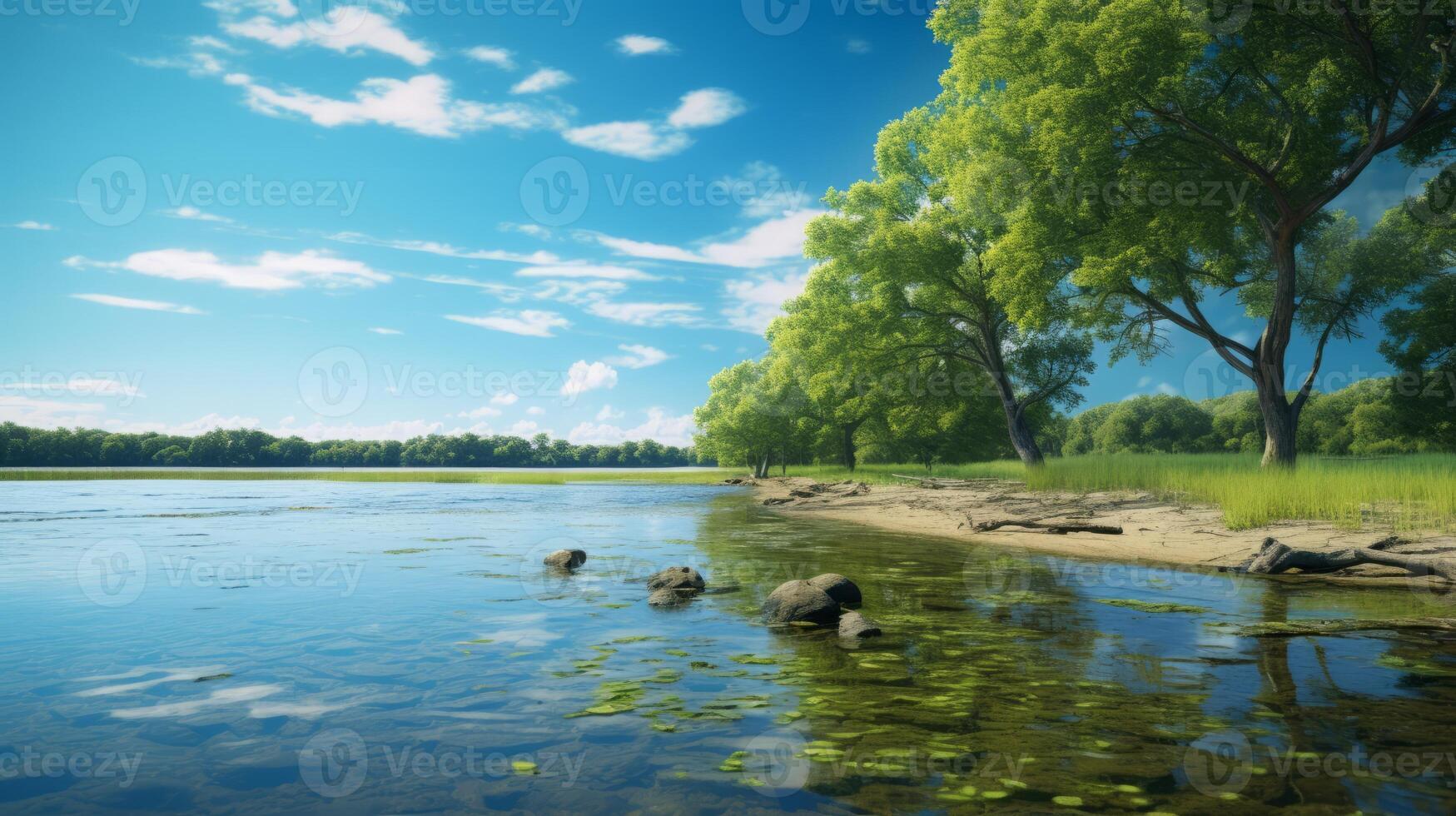AI generated Tranquil Lake Surrounded by Lush Trees photo