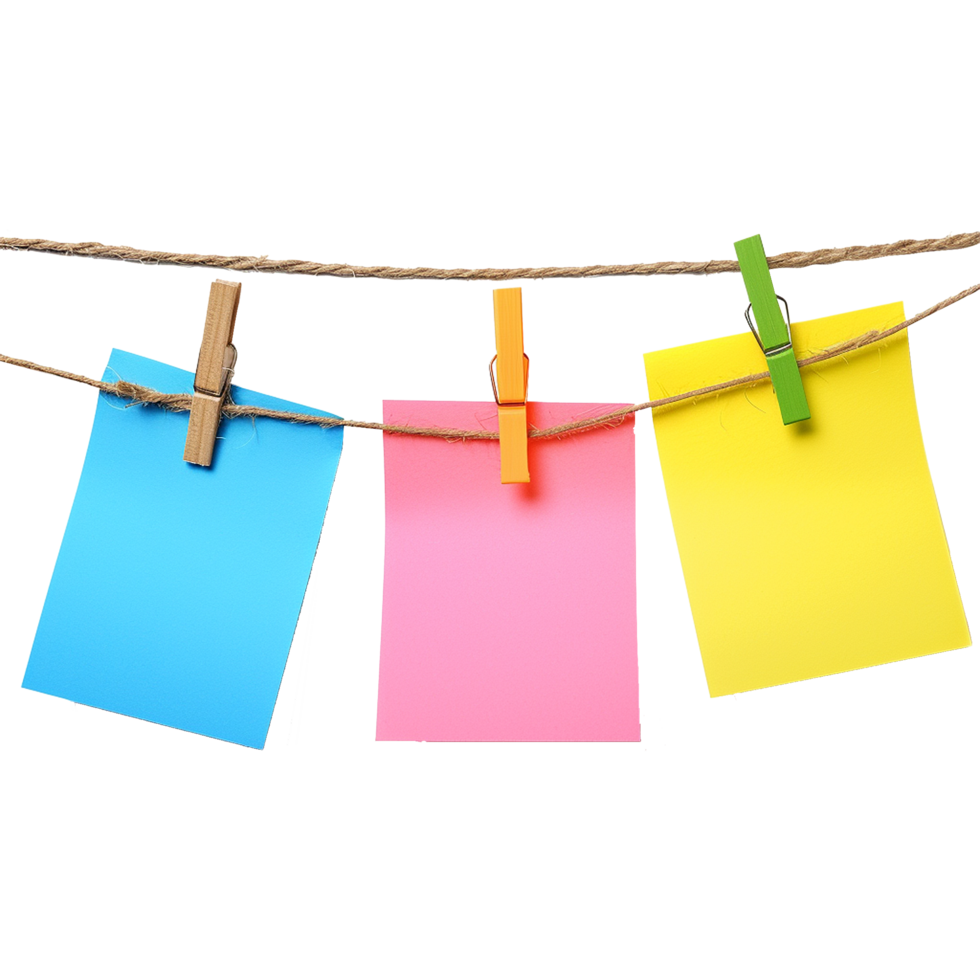 AI generated Empty colored paper sheets for notes hanging isolated on transparent background png