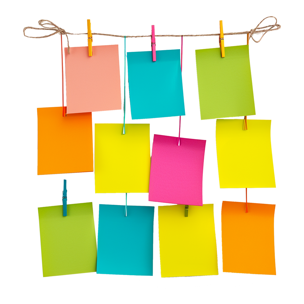 AI generated Empty colored paper sheets for notes hanging isolated on transparent background png