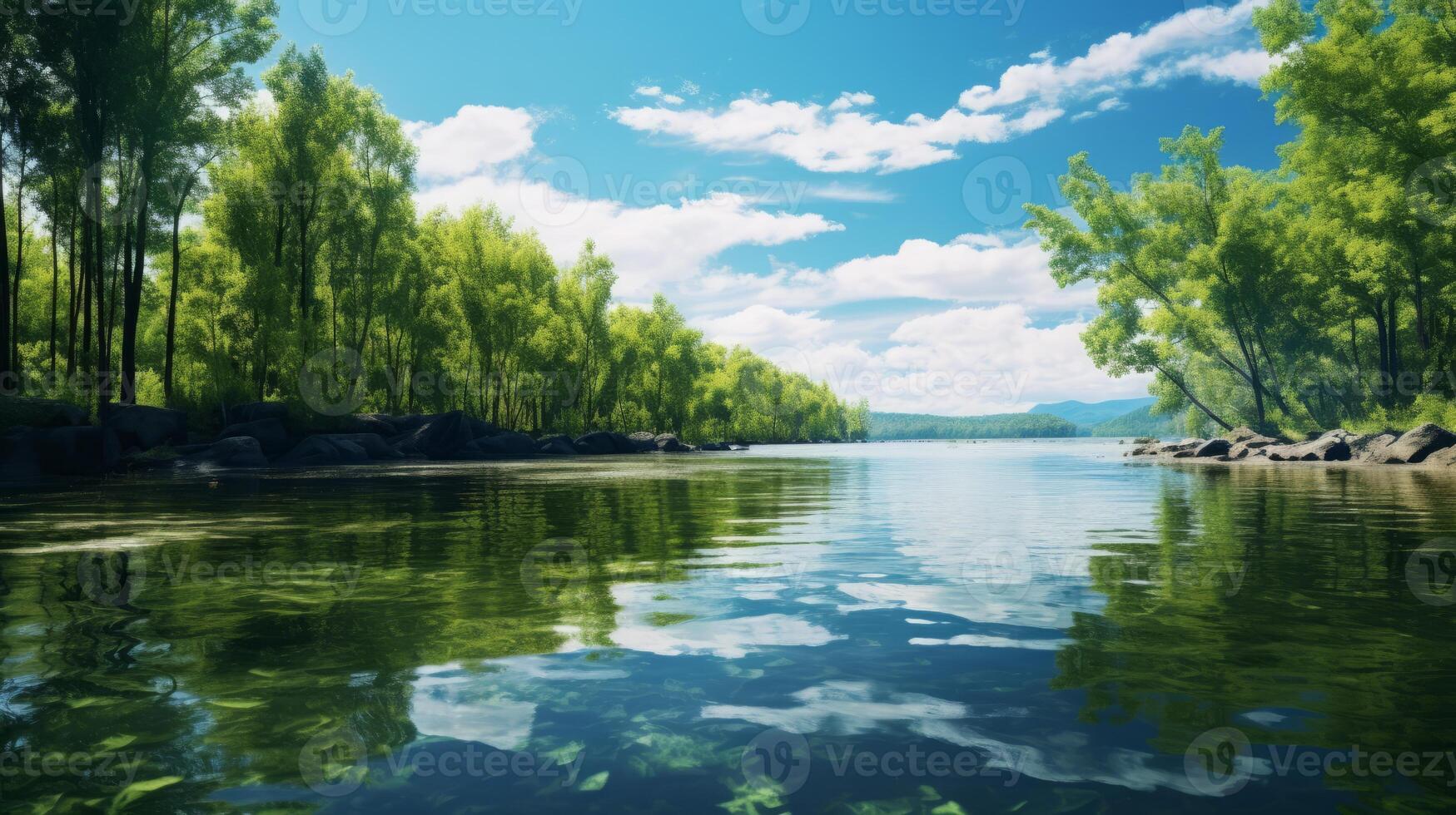 AI generated Tranquil Lake Surrounded by Lush Trees photo