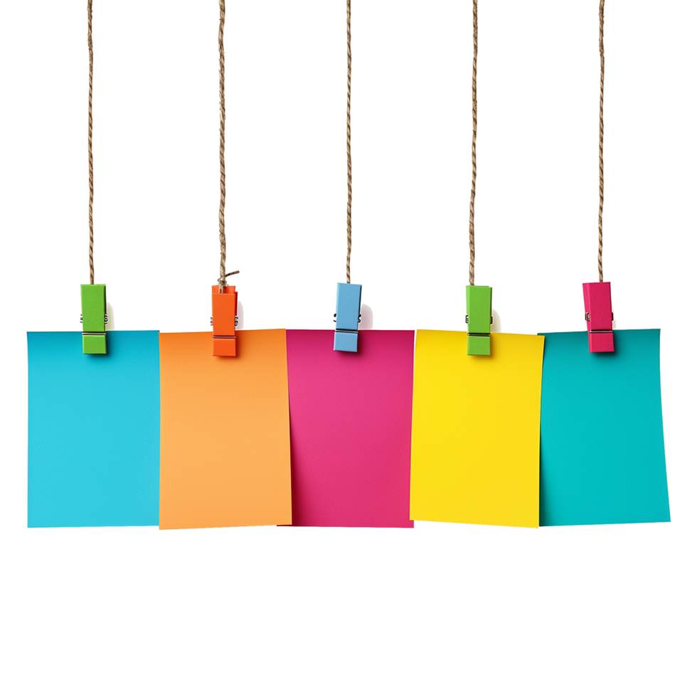 AI generated Empty colored paper sheets for notes hanging isolated on transparent background png