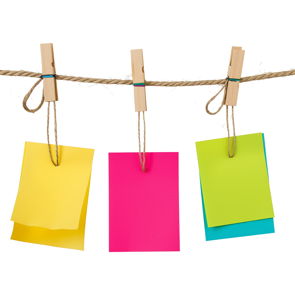 AI generated Empty colored paper sheets for notes hanging isolated on transparent background png