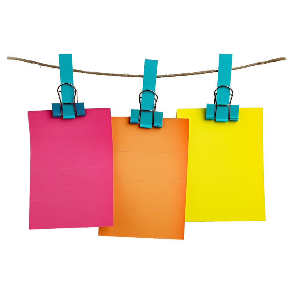 AI generated Empty colored paper sheets for notes hanging isolated on transparent background png