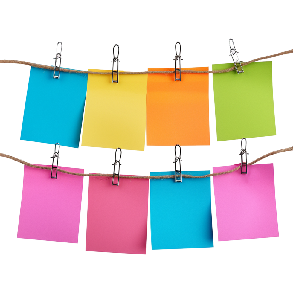 AI generated Empty colored paper sheets for notes hanging isolated on transparent background png