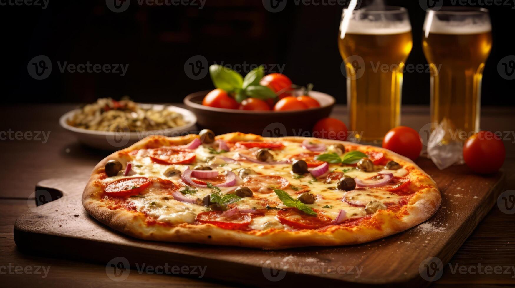 AI generated Pizza and Beer on Wooden Table photo