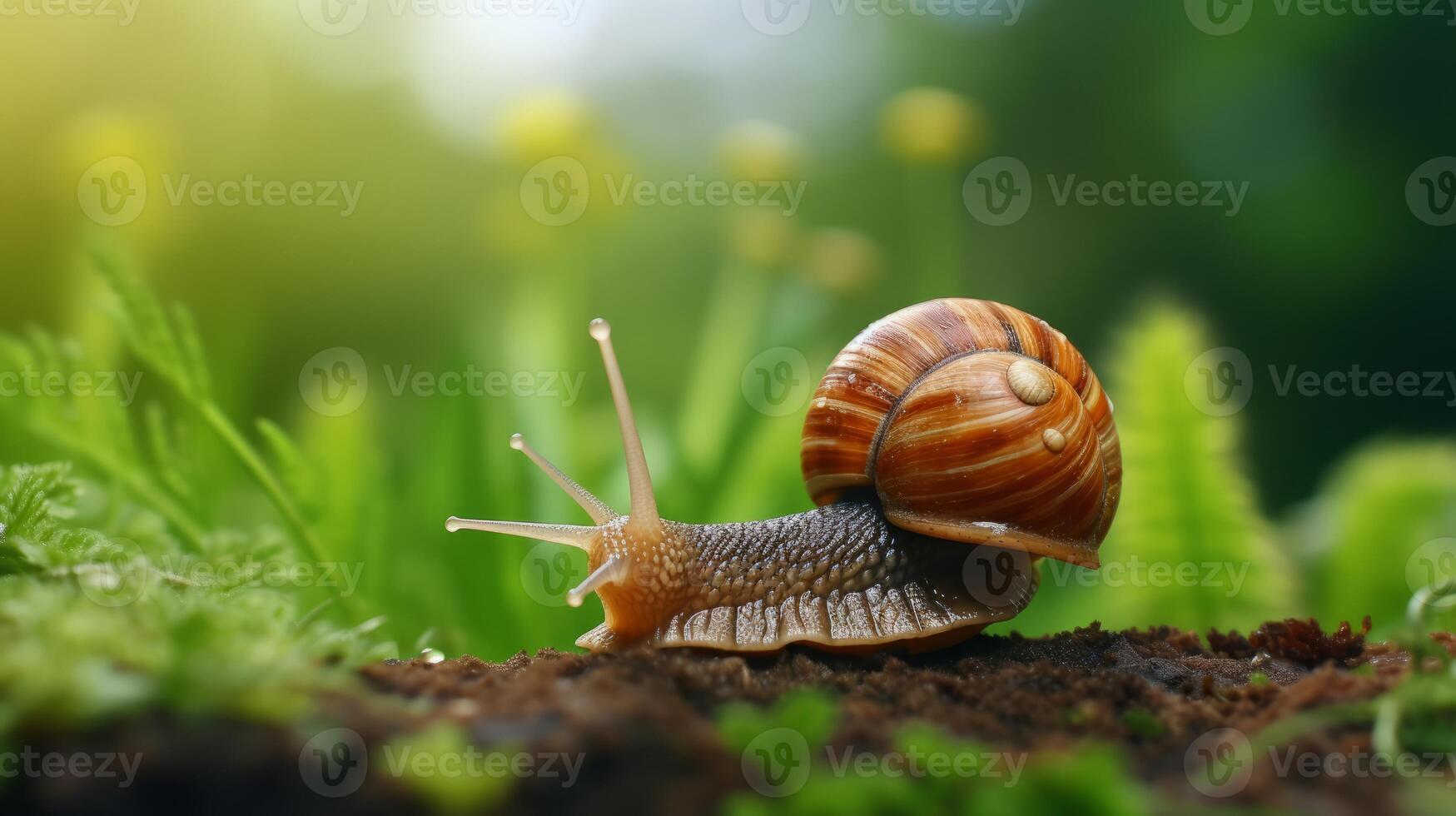 AI generated Snail on Soil with Green Leaves photo