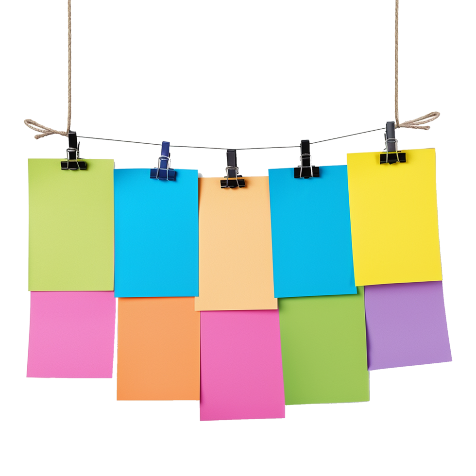 AI generated Empty colored paper sheets for notes hanging isolated on transparent background png