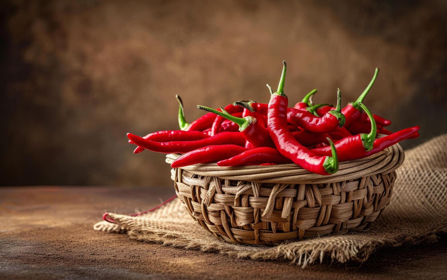 AI generated A rural basket heaped with glowing red chili peppers photo