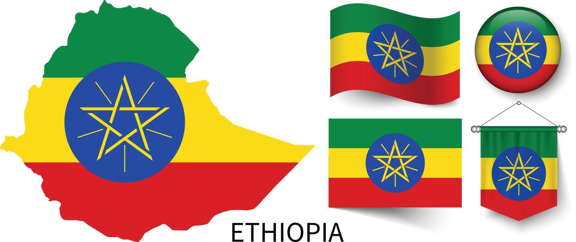 The various patterns of the Ethiopia national flags and the map of Ethiopia's borders vector