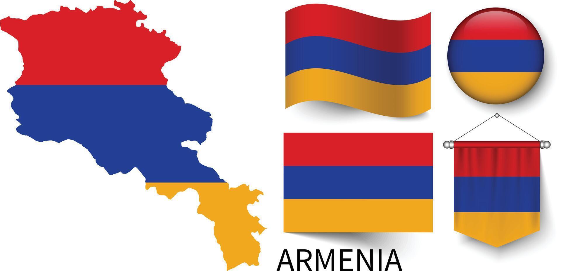 el varios patrones de el Armenia nacional banderas y el mapa de armenia fronteras vector