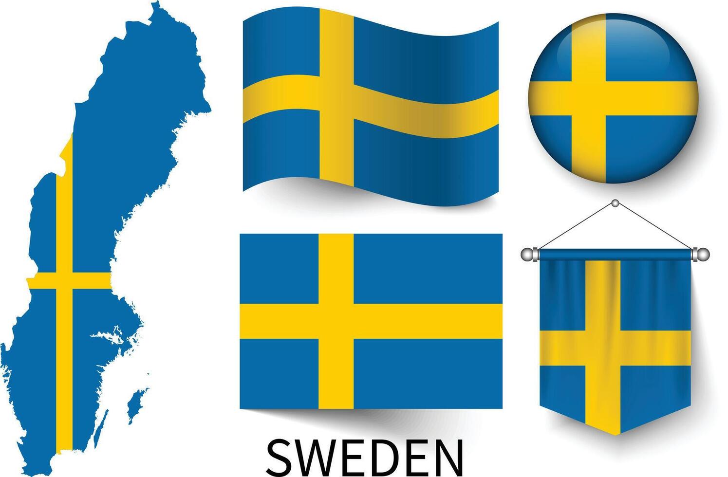 el varios patrones de el Suecia nacional banderas y el mapa de suecia fronteras vector