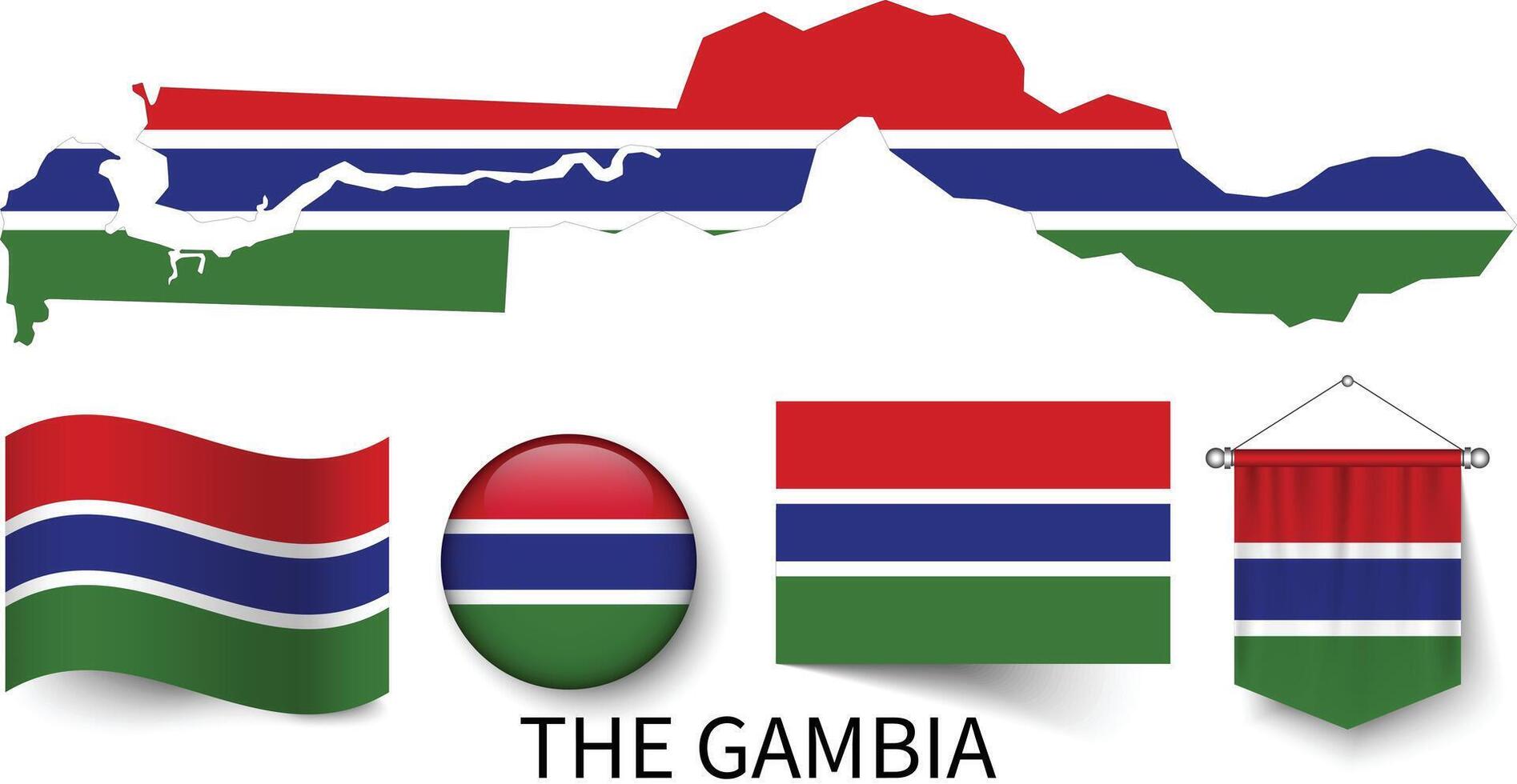 The various patterns of The Gambia national flags and the map of The Gambia's borders vector