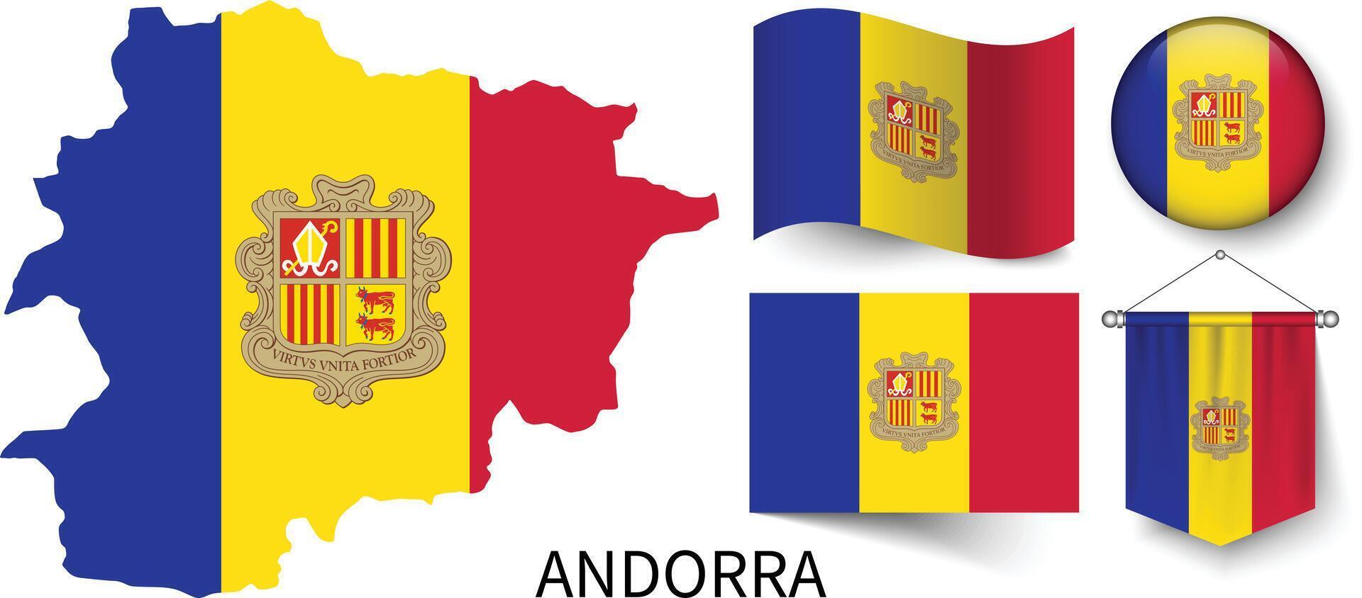 The various patterns of the Andorra national flags and the map of Andorra's borders vector