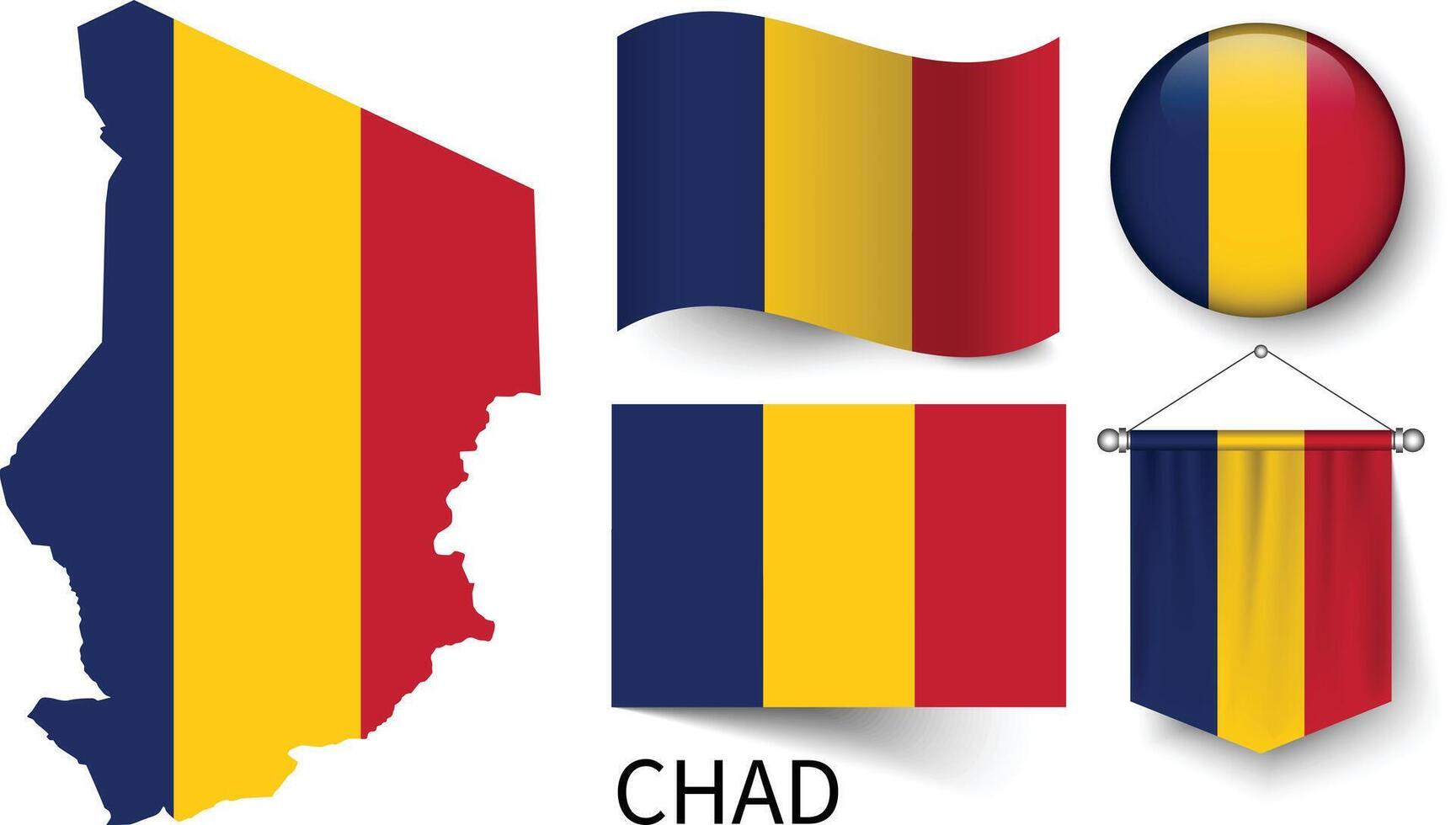 el varios patrones de el Chad nacional banderas y el mapa de de chad fronteras vector