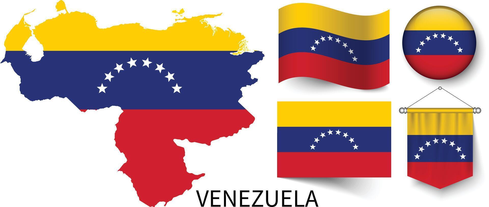 The various patterns of the Venezuela national flags and the map of Venezuela's borders vector