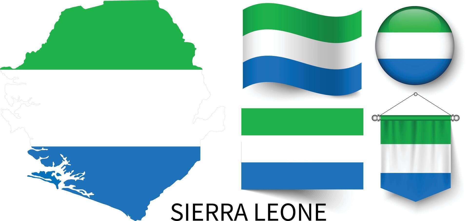 The various patterns of the Sierra Leone national flags and the map of Sierra Leone's borders vector