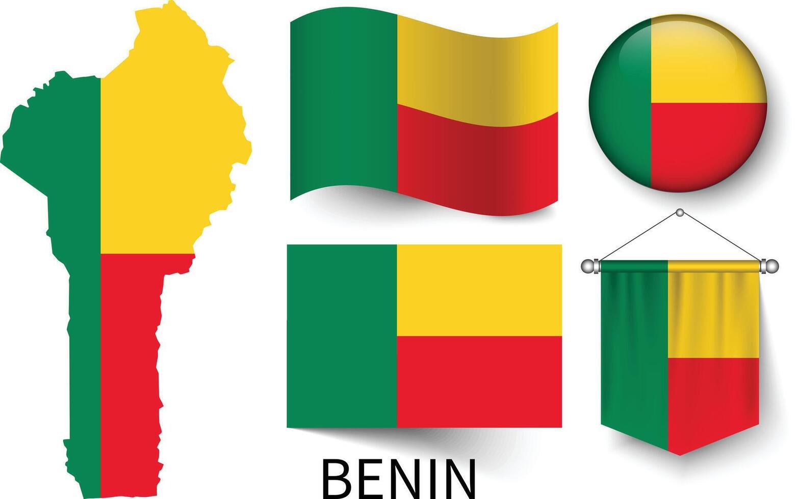 The various patterns of the Benin national flags and the map of Benin's borders vector