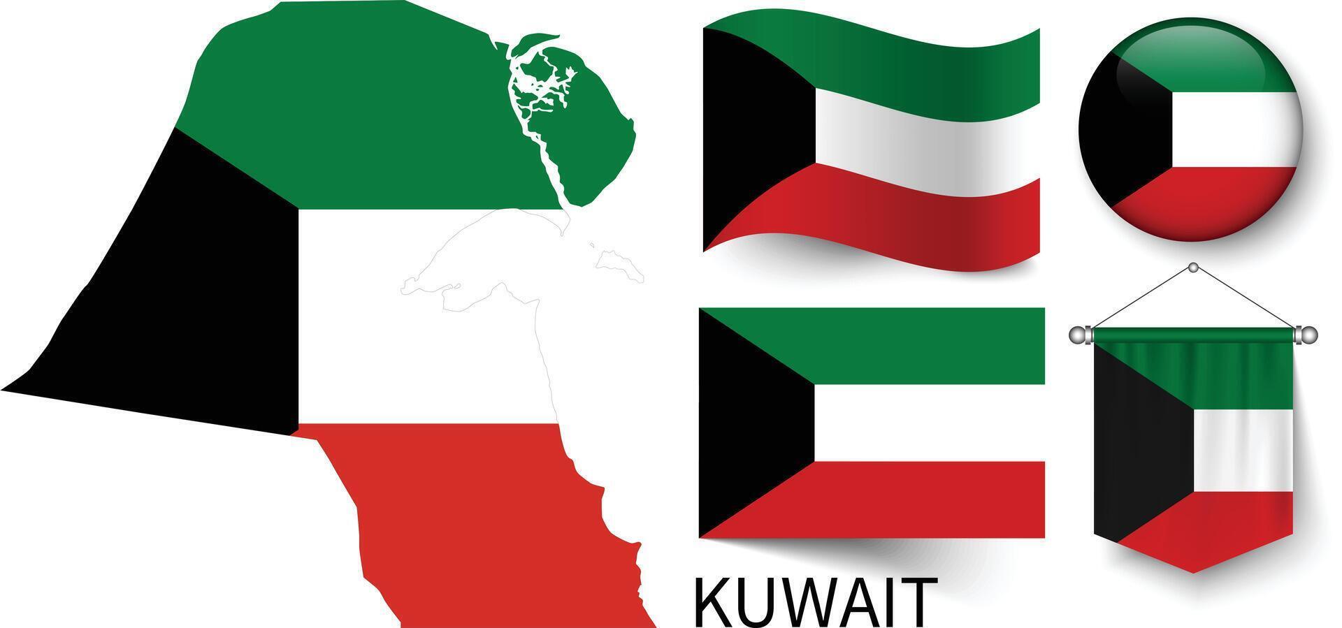 The various patterns of the Kuwait national flags and the map of Kuwait's borders vector