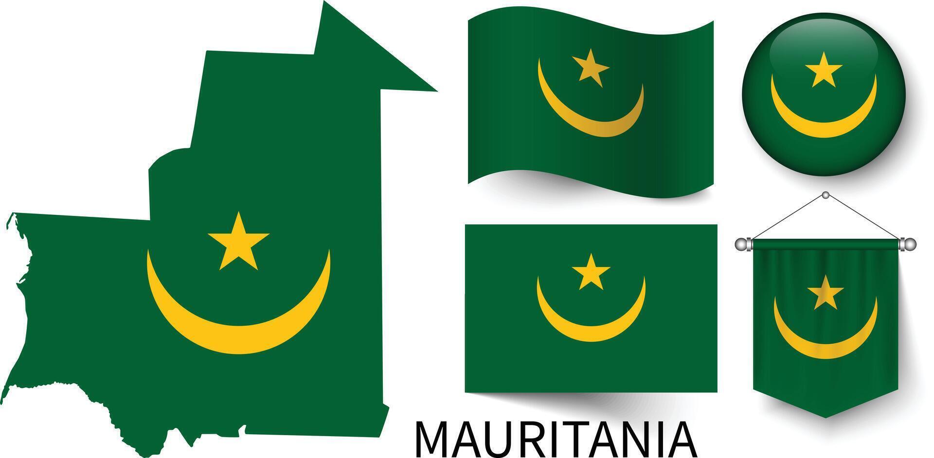 el varios patrones de el Mauritania nacional banderas y el mapa de mauritania fronteras vector