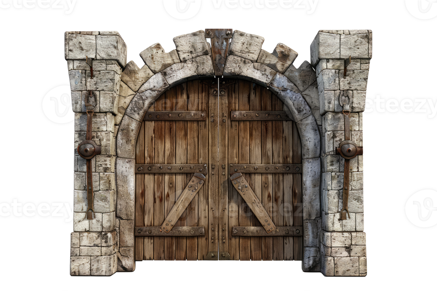 AI generated Medieval Stone Gate With Iron-Reinforced Wooden Doors Isolated png