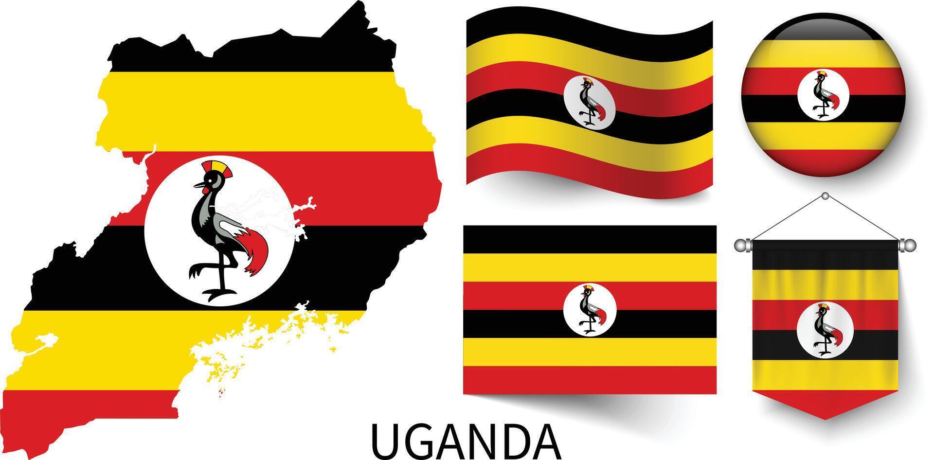 The various patterns of the Uganda national flags and the map of Uganda's borders vector