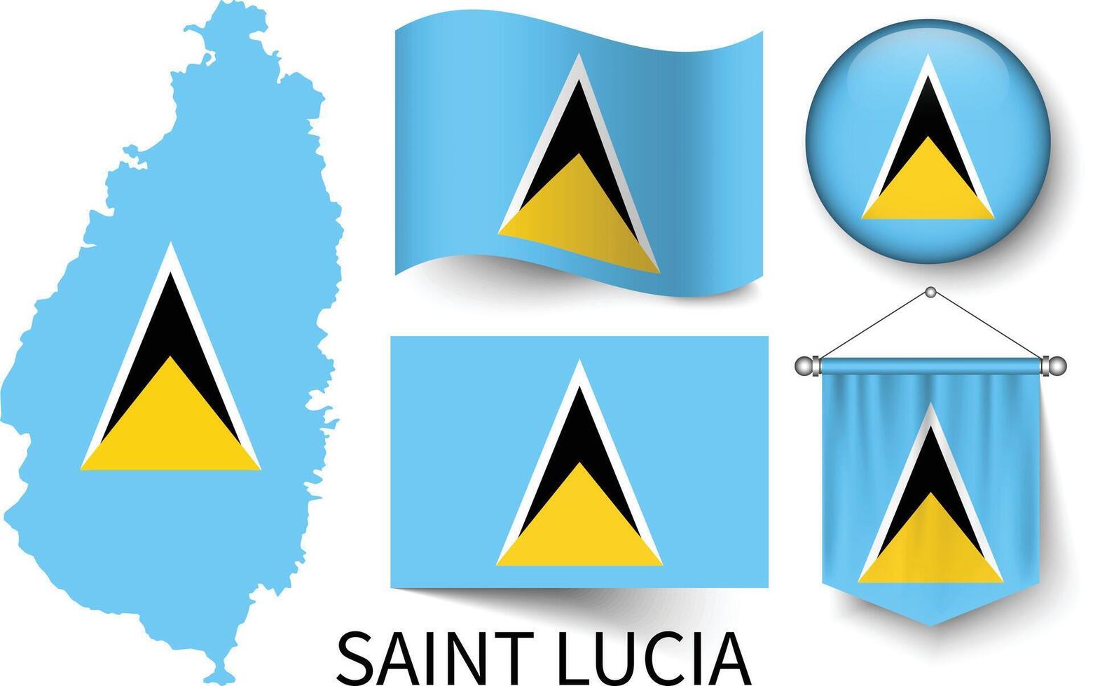 The various patterns of the Saint Lucia national flags and the map of Saint Lucia's borders vector