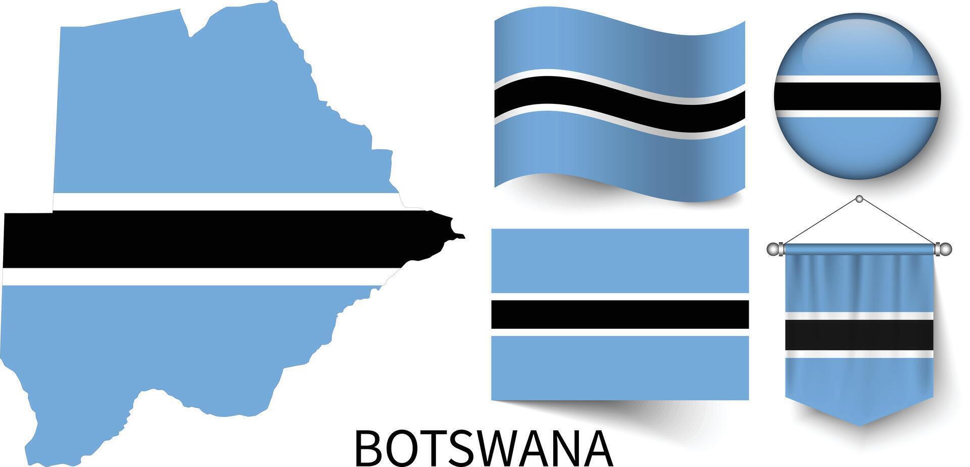 The various patterns of the Botswana national flags and the map of Botswana's borders vector