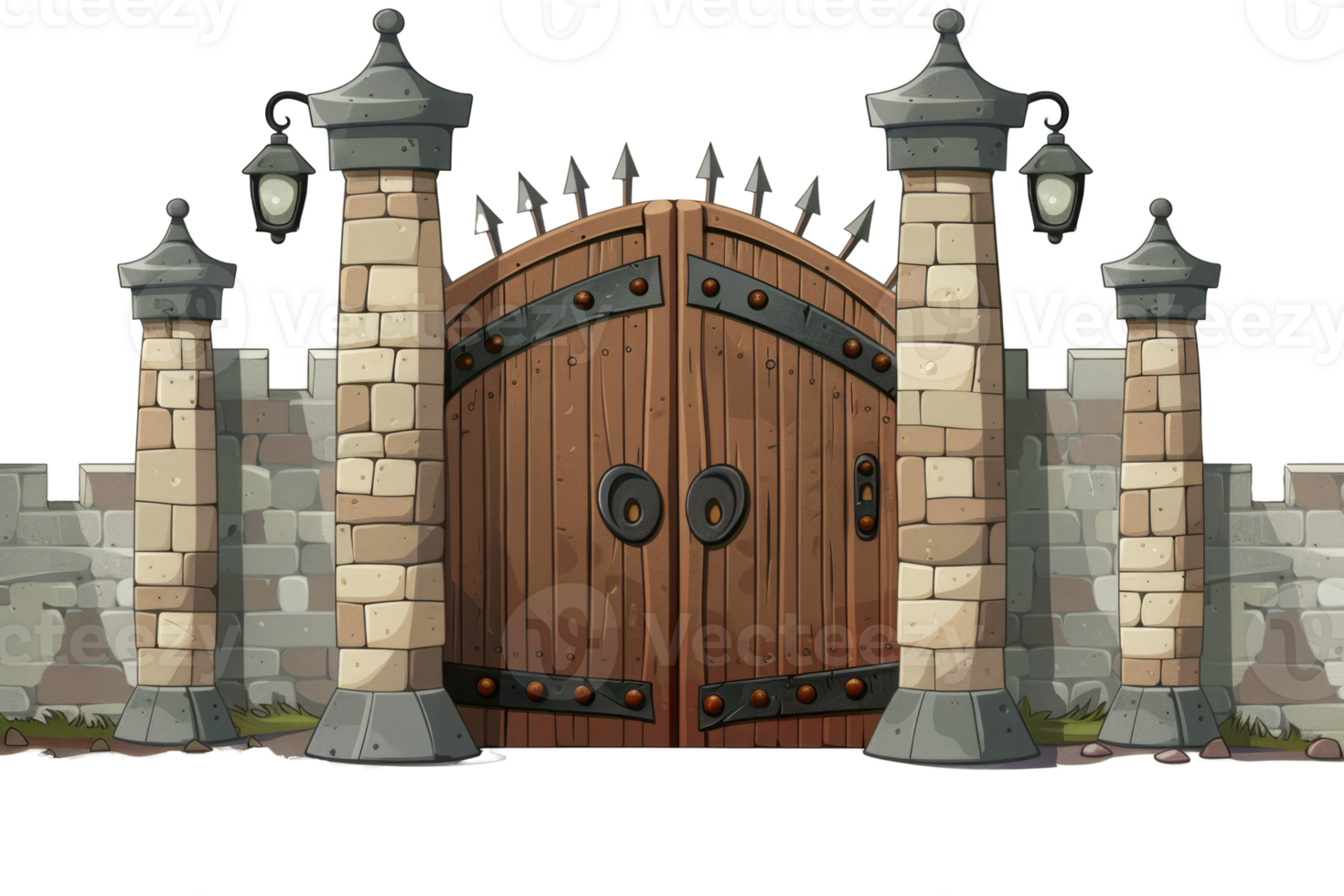 AI generated Medieval Stone Gate With Iron-Reinforced Wooden Doors Isolated png
