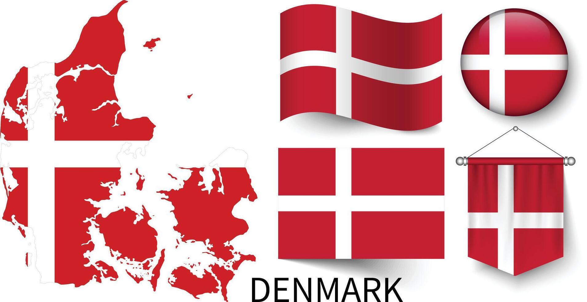 The various patterns of the Denmark national flags and the map of Denmark's borders vector