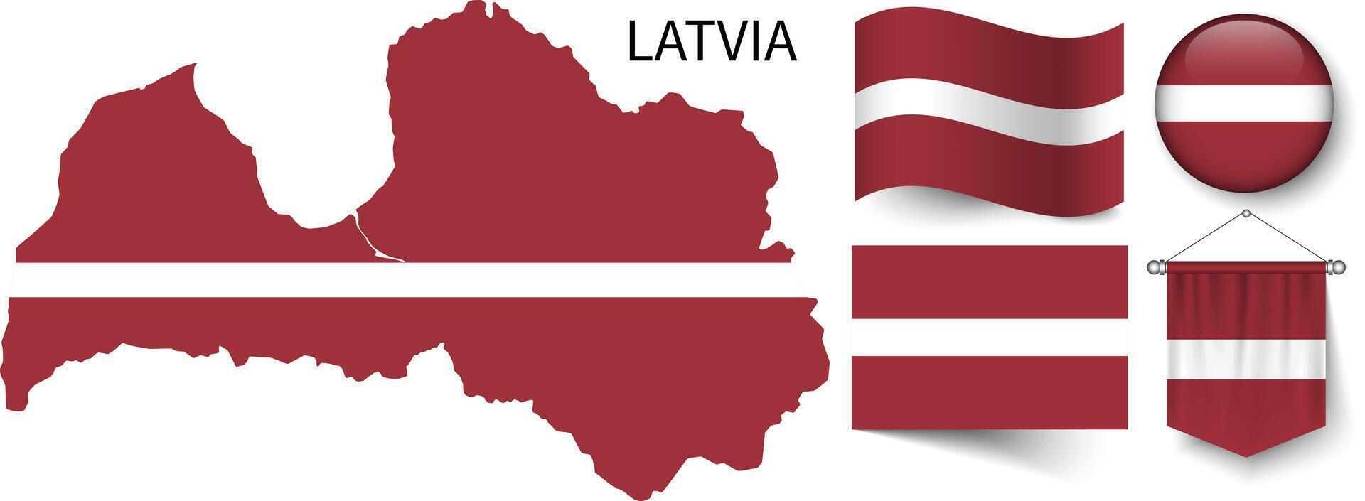 The various patterns of the Latvia national flags and the map of Latvia's borders vector