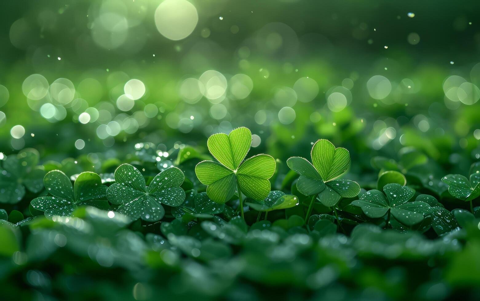 AI generated Dewy Green Clovers Glisten in the Morning Light photo