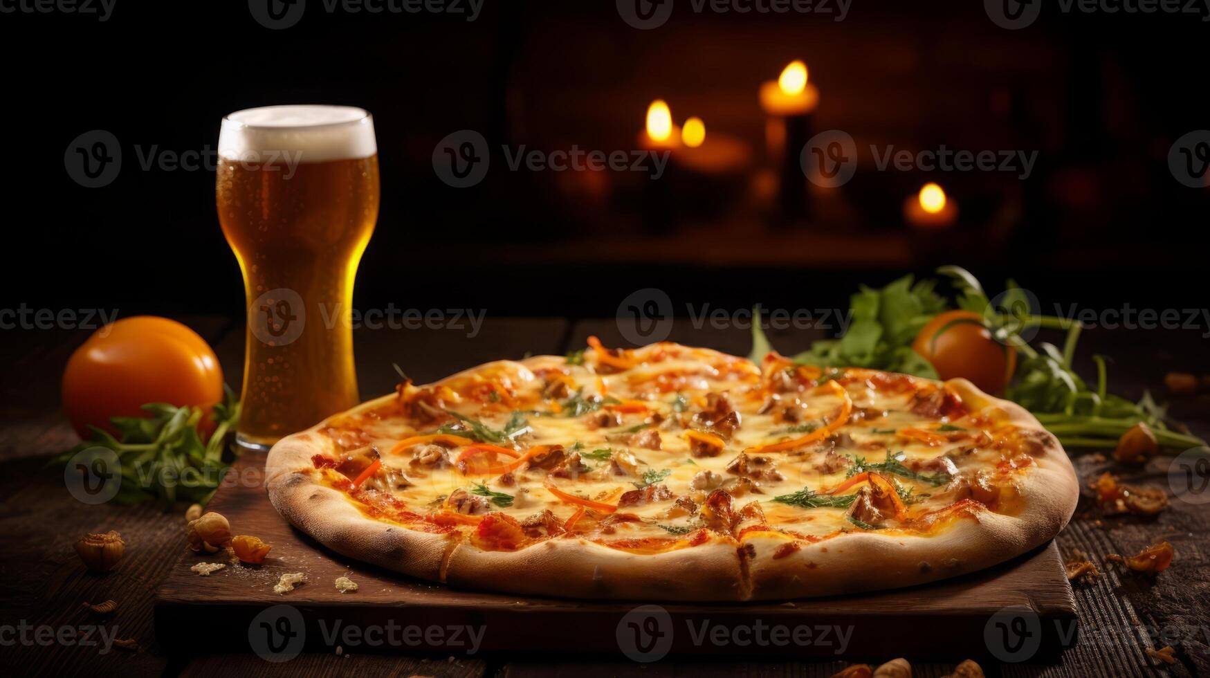 AI generated Pizza and Beer on Wooden Table photo