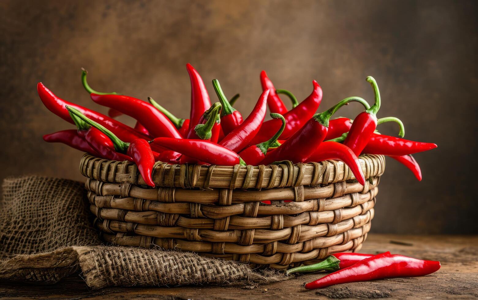 ai generado un país estilo cesta desbordante con radiante rojo chile pimientos foto