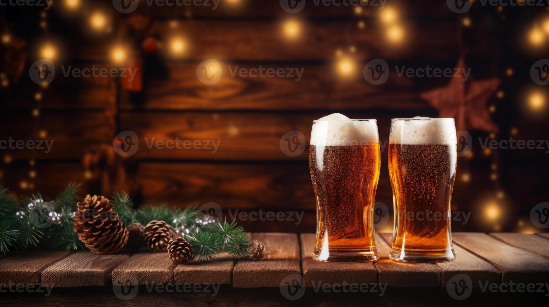 AI generated Festive Beer Glasses Amidst Christmas Decoration photo
