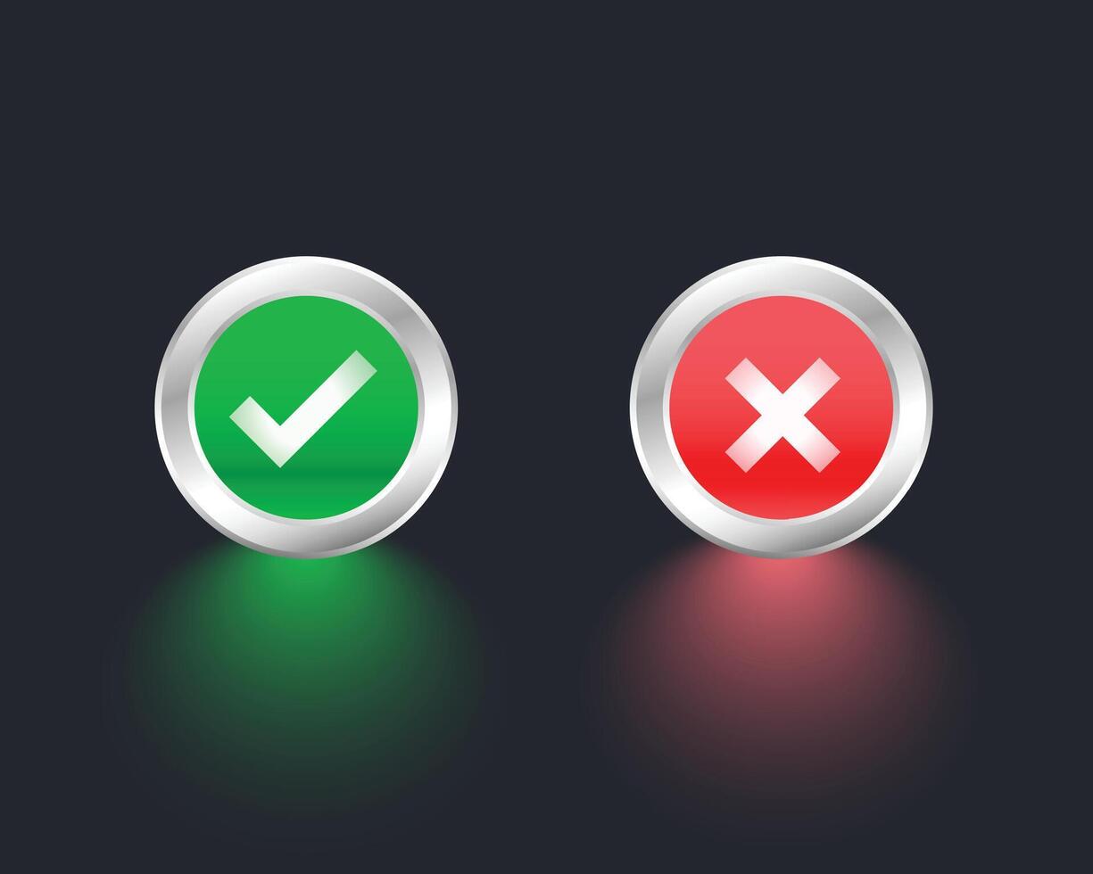 shiny metallic check mark and cross buttons vector