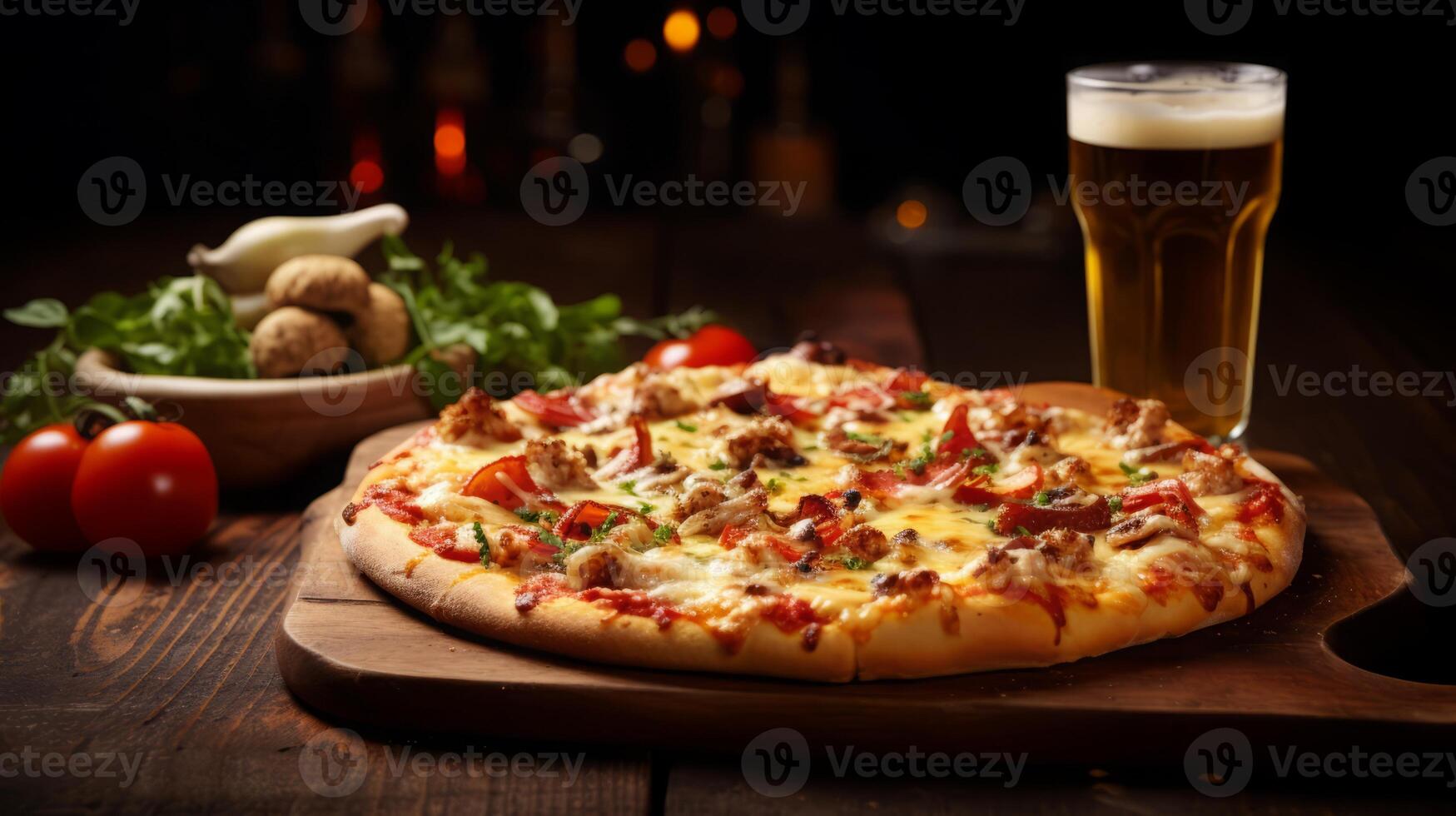 AI generated Pizza and Beer on Wooden Table photo