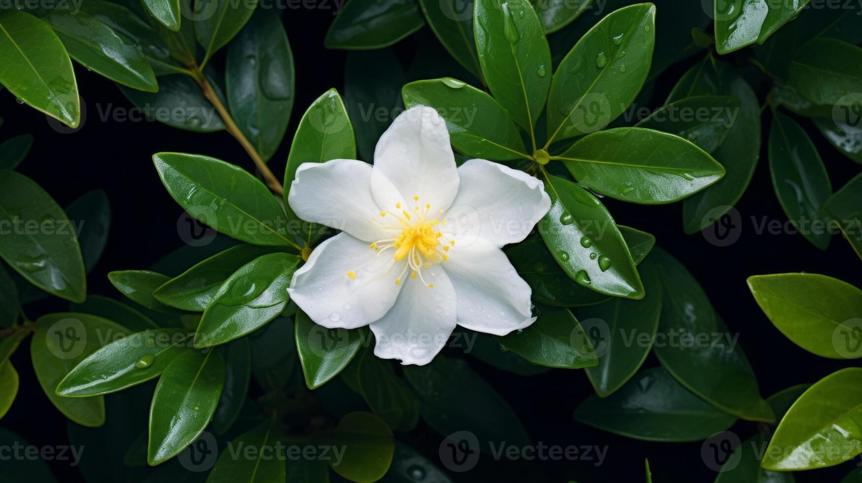 AI generated White Tiare Flower with Raindrops on Petals photo