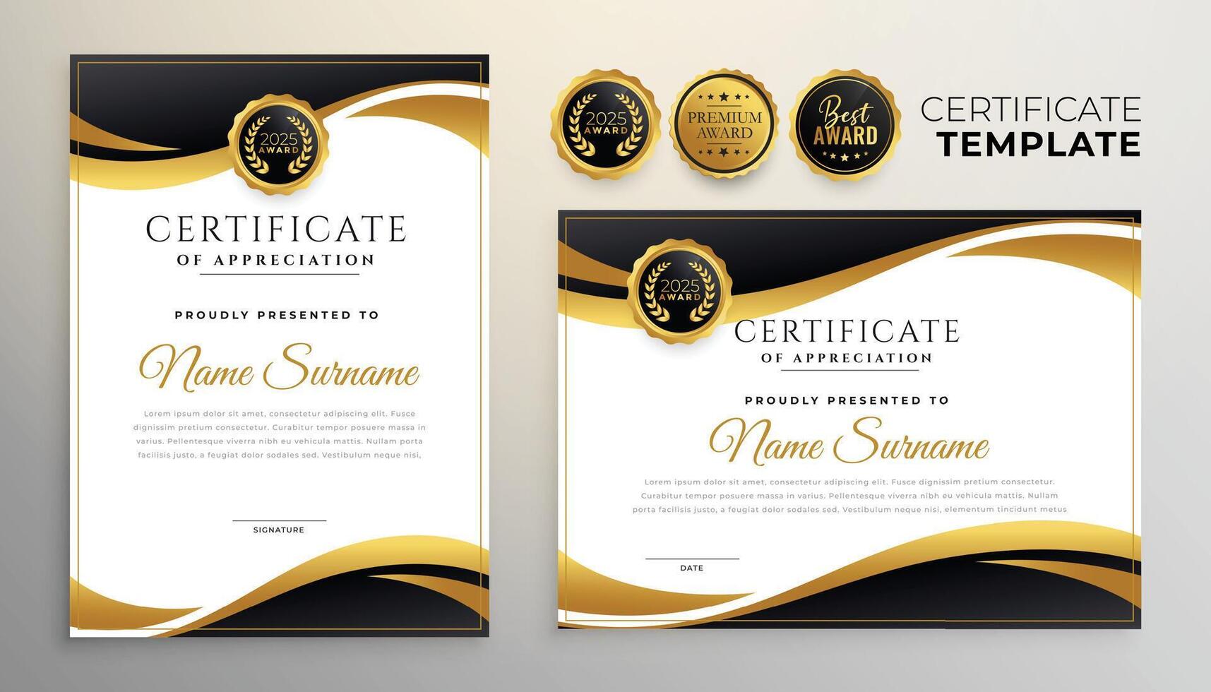 black and golden certificate of appreciation template for university graduates vector