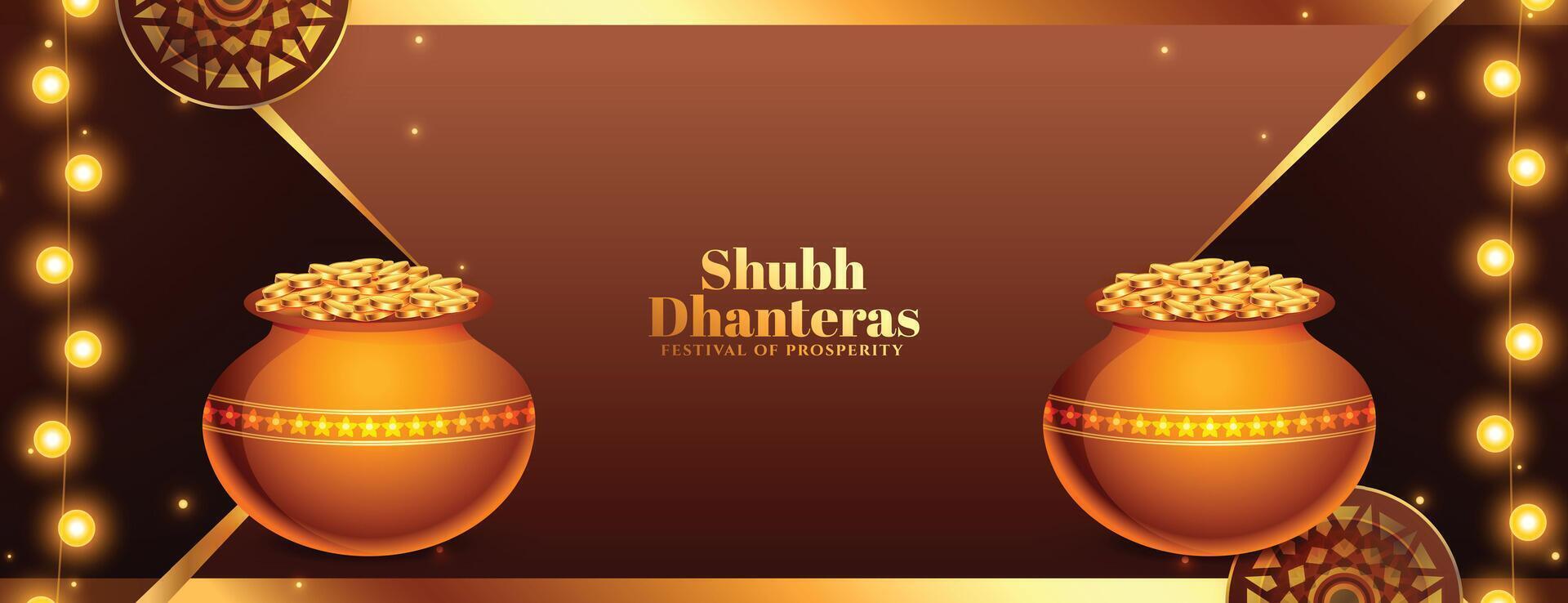 decorativo shubh Dhanteras saludo bandera orar para bendiciones y prosperidad vector