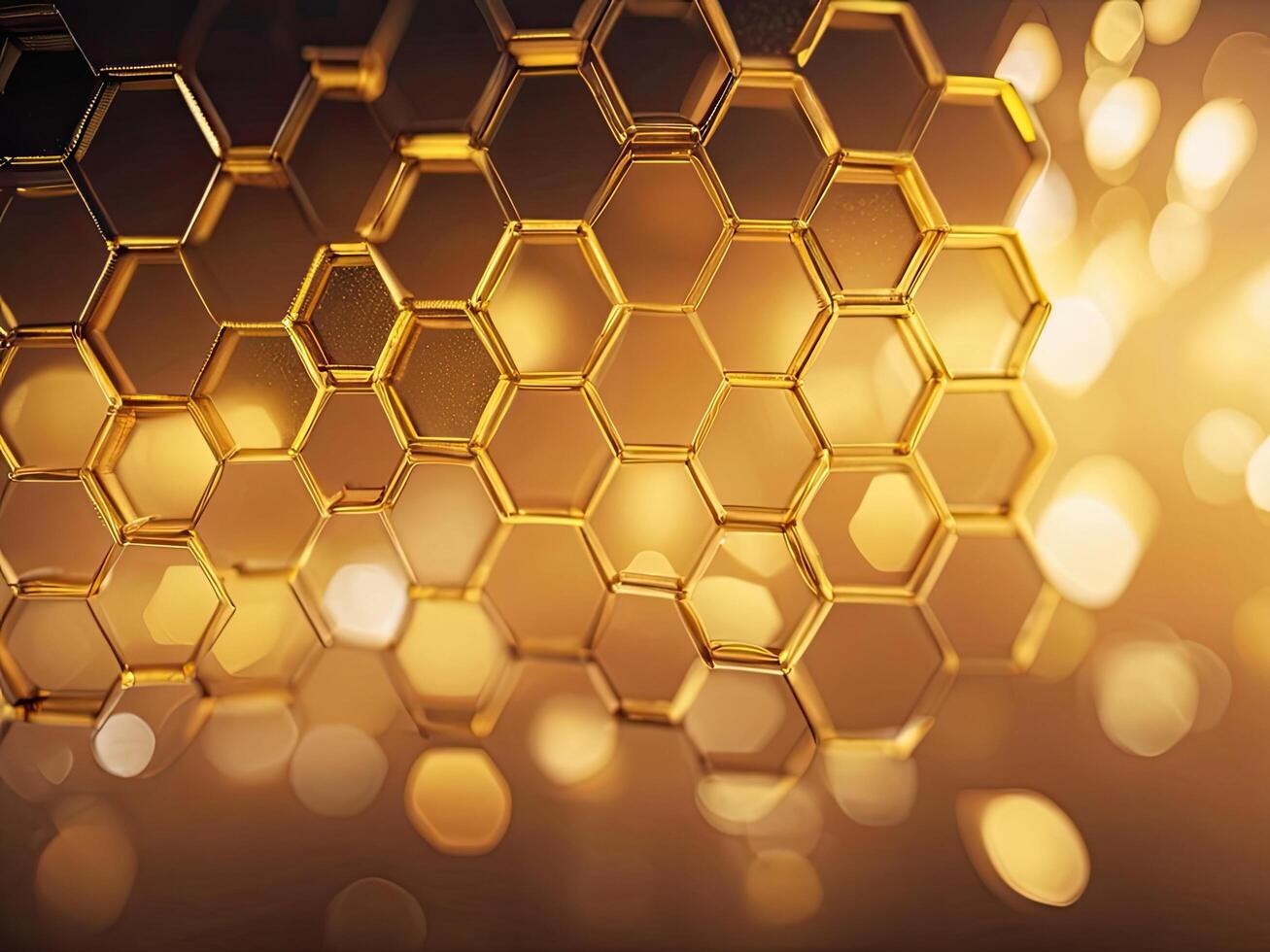 AI generated Golden honeycomb on golden bokeh background. 3d rendering photo