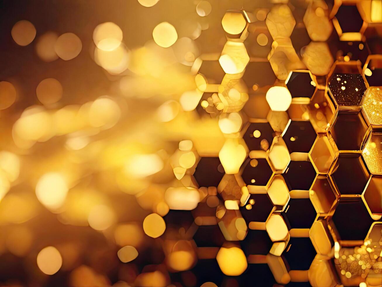 AI generated Golden honeycomb on golden bokeh background. 3d rendering photo