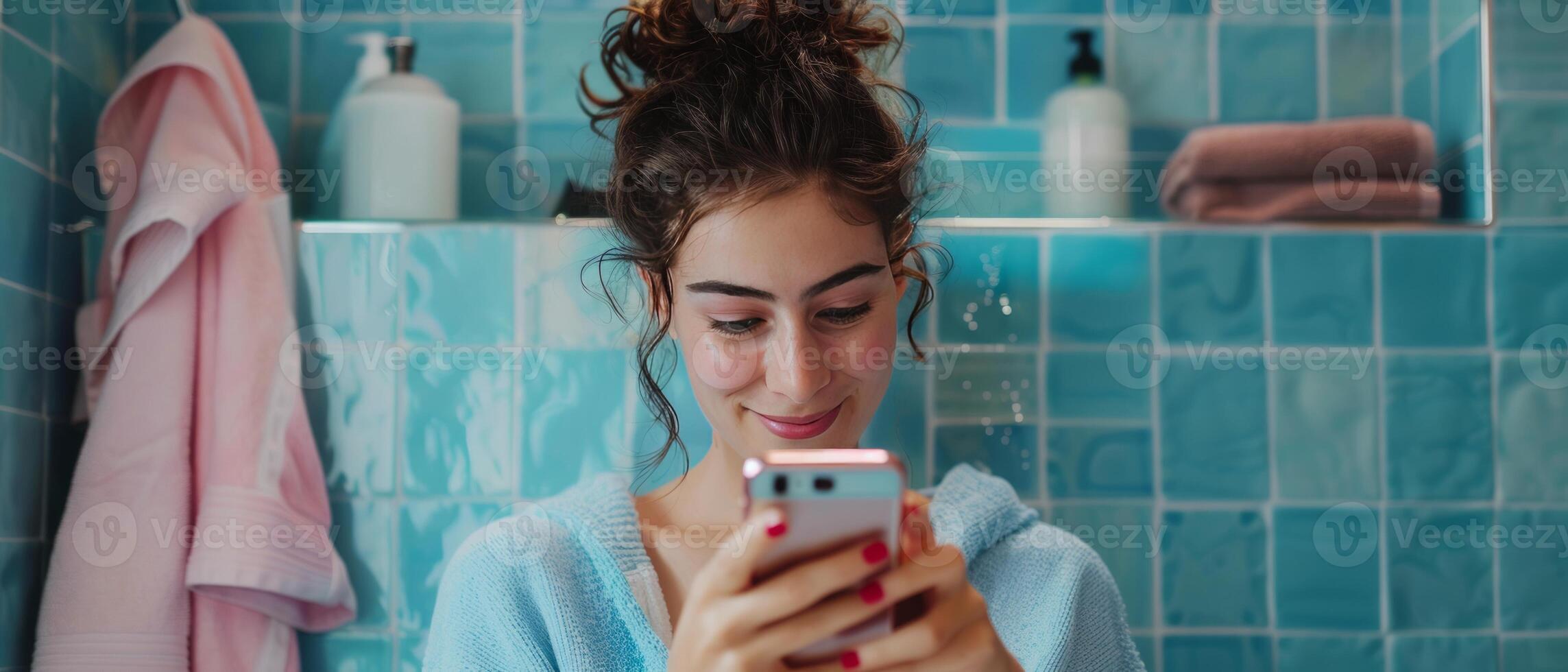 AI generated Browsing Skincare Tips on Her Phone in the Bathroom photo