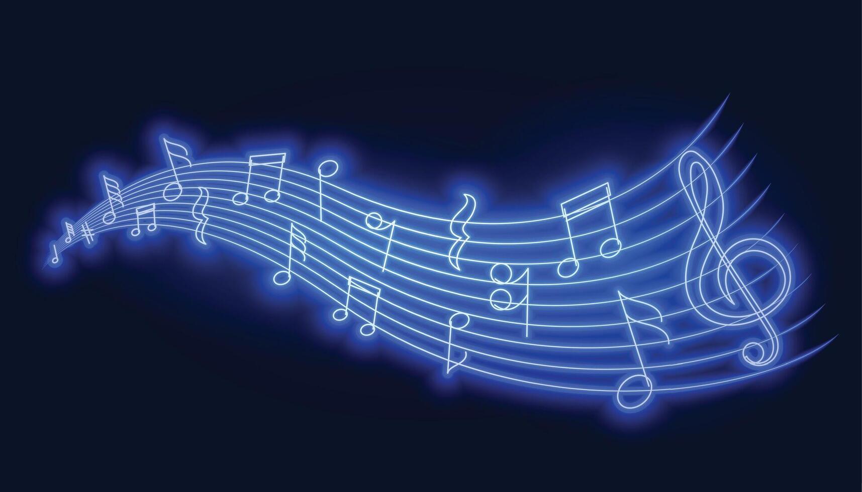 musical pentagrama sonido olas notas en azul neón estilo vector