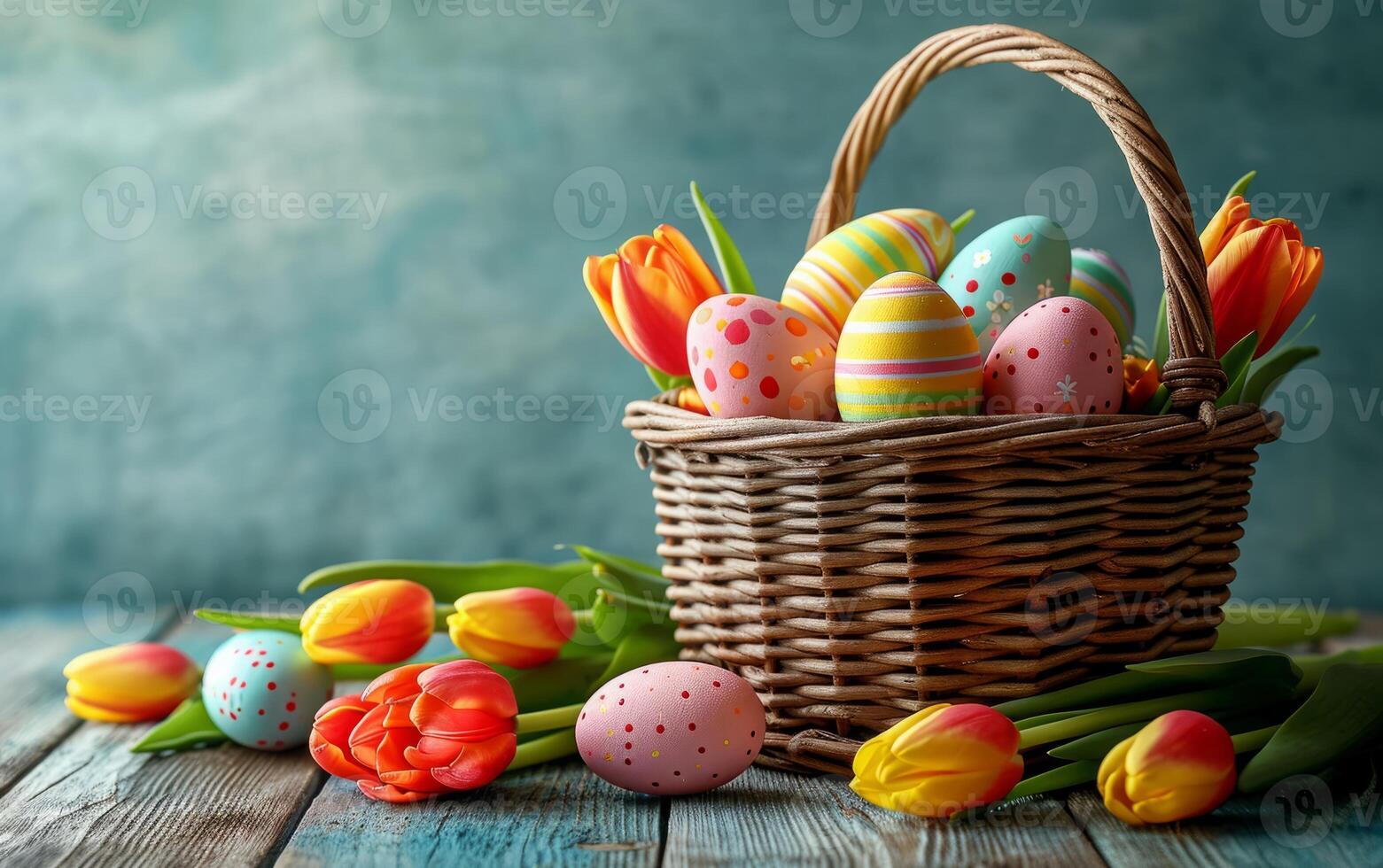 AI generated A Basket Adorned with Tulips and Hidden Easter Eggs photo