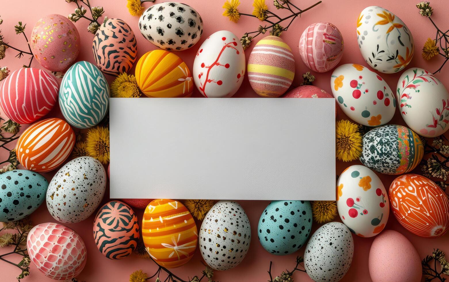 AI generated Decorative Easter Egg Setup with Empty Space for Text photo