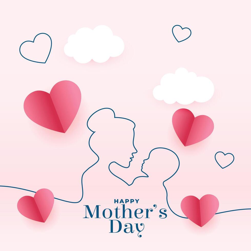 madres día saludo tarjeta en línea estilo y papel corazones vector
