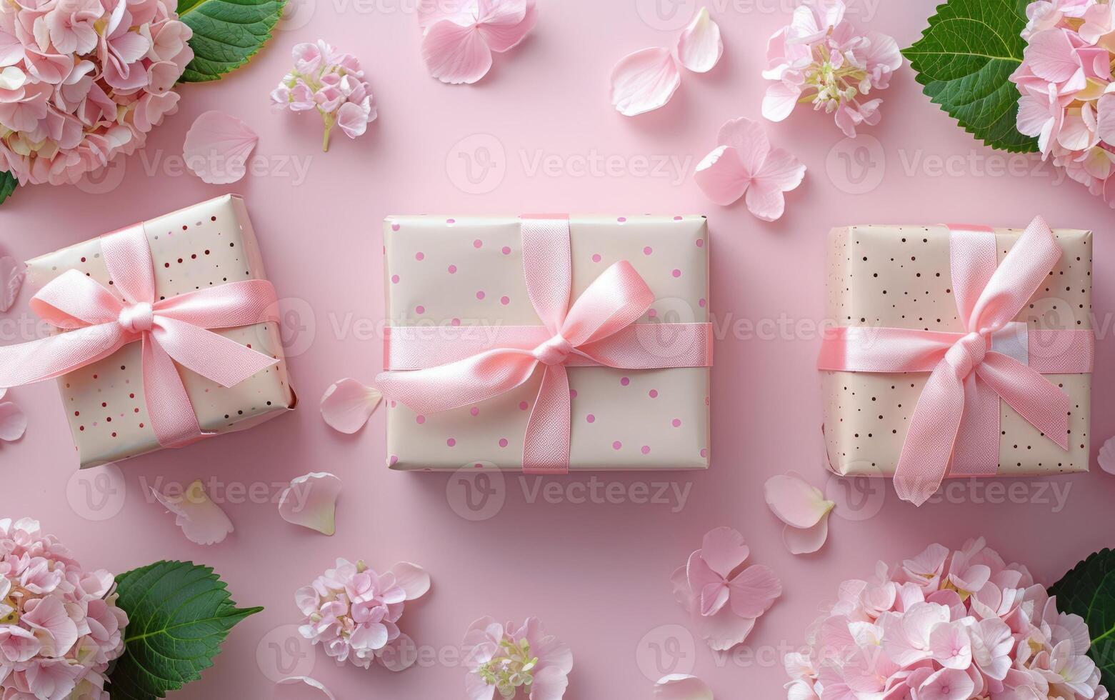 AI generated From above, beautifully presented gifts embellished with pink hydrangeas and gentle petals dispersed nearby photo