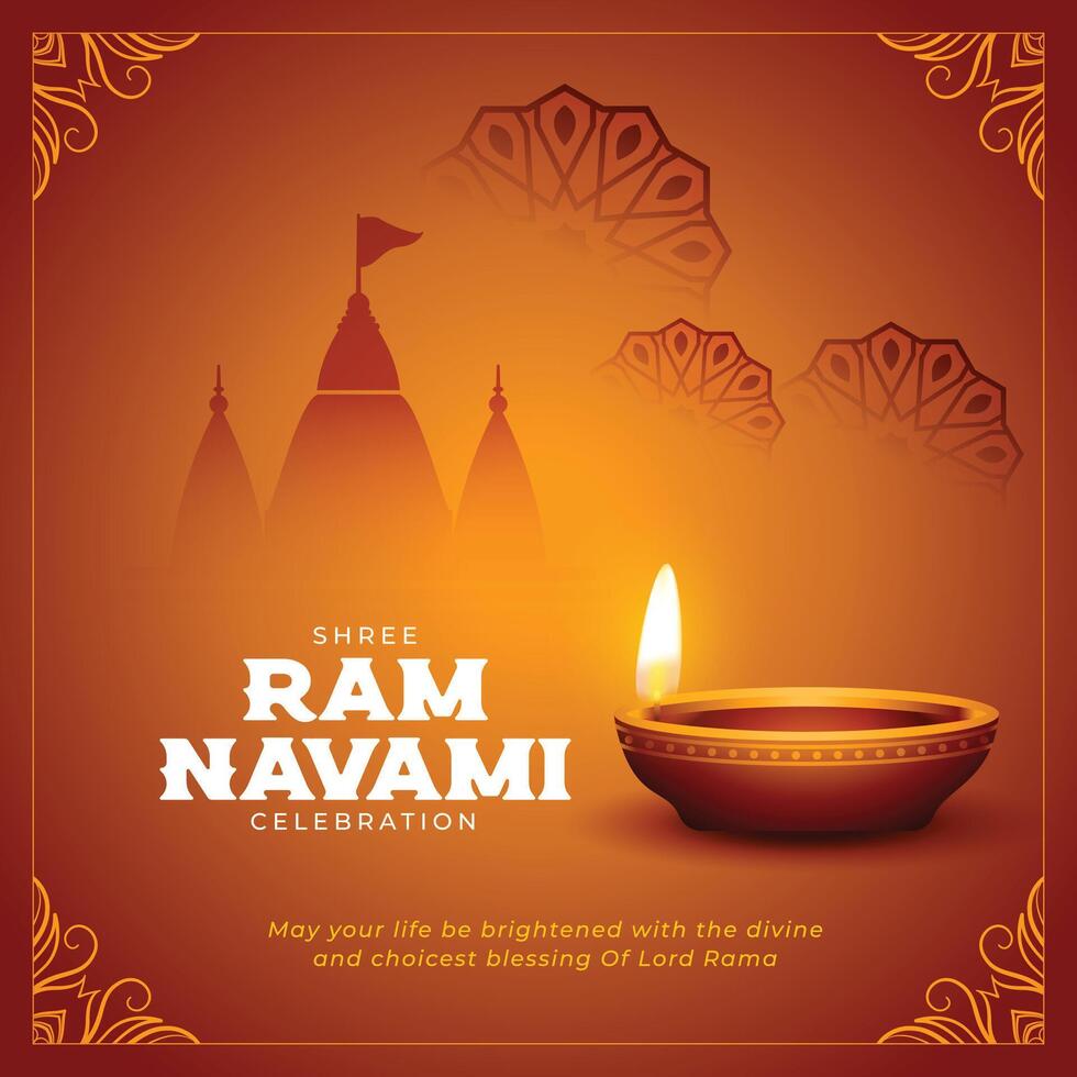 ram navami festival greeting with realistic diya and temple vector