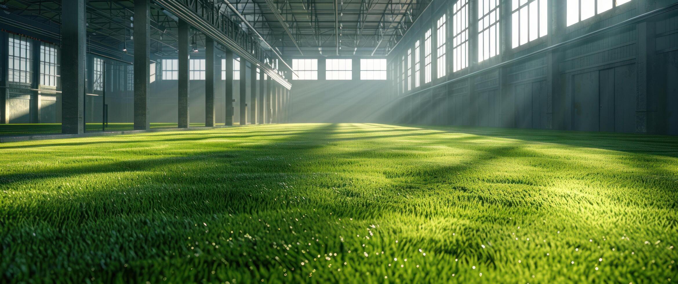 AI generated green artificial grass field indoors photo