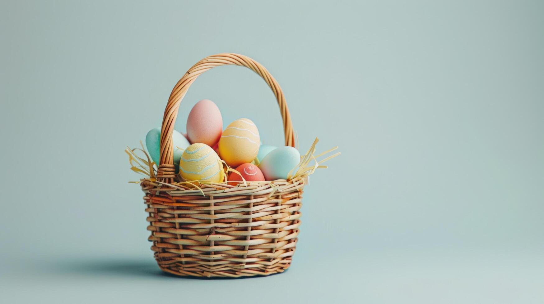 AI generated A clean, white background with a single Easter basket in the center, filled with eggs photo